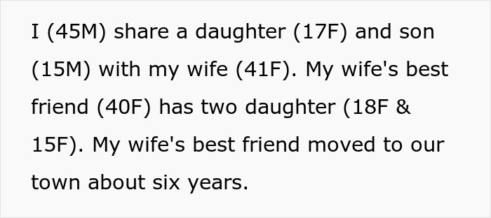 Text about family dynamics involving a dad, his son, and a family friend's daughters.