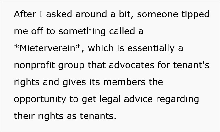 Text about tenant rights and Mietverein, a group for legal advice regarding tenant issues.
