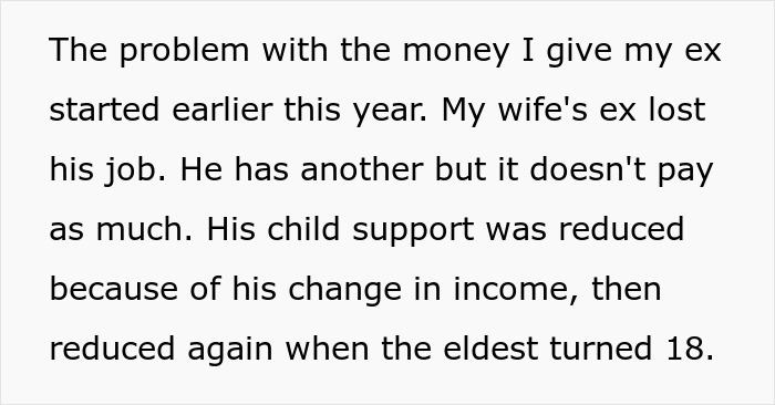 Text discussing issues with child support payments after wife's ex changes income.
