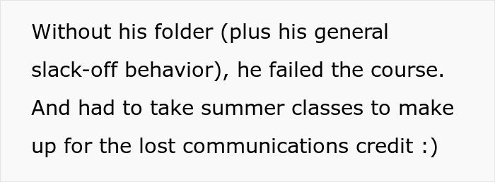 Text describing a bully failing his course due to missing work and behavior issues, leading to summer classes.