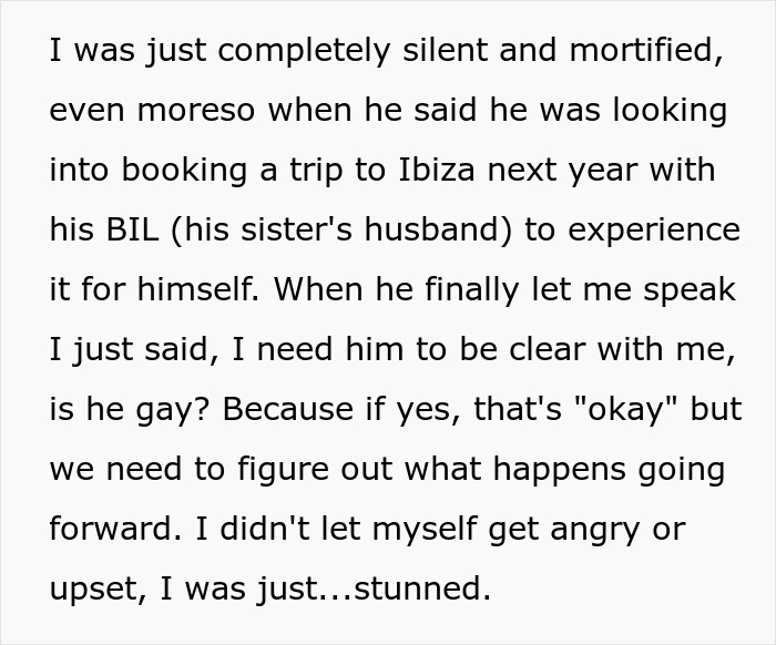 Text on a white background discussing a wife's reaction to her husband's gaycation request.