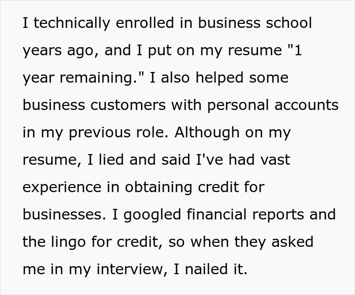 Text discusses embellishing a resume for a finance job.