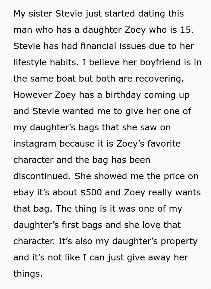 Text discussing a child's rare backpack and refusal to give it away. Text discussing a child's rare backpack and refusal to give it away.
