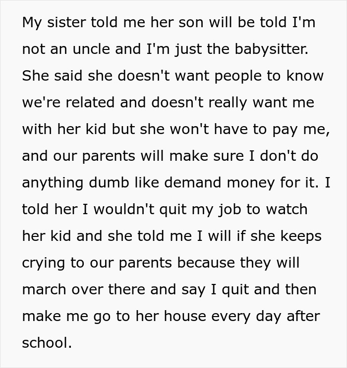 Text from a sister discussing her son calling her brother a babysitter, not an uncle, to avoid payment.