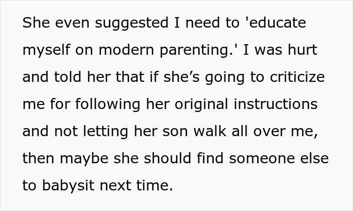 Text snippet discussing a babysitting disagreement over modern parenting advice.