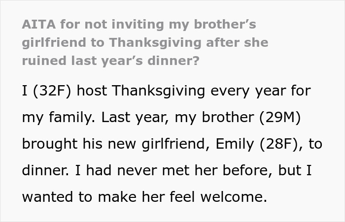 Text discussing a woman choosing not to invite her brother's girlfriend to Thanksgiving. Text discussing a woman choosing not to invite her brother's girlfriend to Thanksgiving.