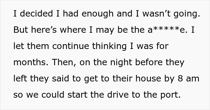 Text on a light background describing a woman's decision to cancel a last-minute family cruise. Text on a light background describing a woman's decision to cancel a last-minute family cruise.