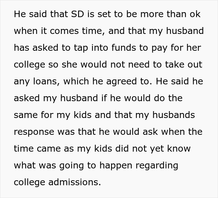 Text excerpt discussing a husband's request to fund his daughter's college, while delaying a decision for stepchildren. Text excerpt discussing a husband's request to fund his daughter's college, while delaying a decision for stepchildren.
