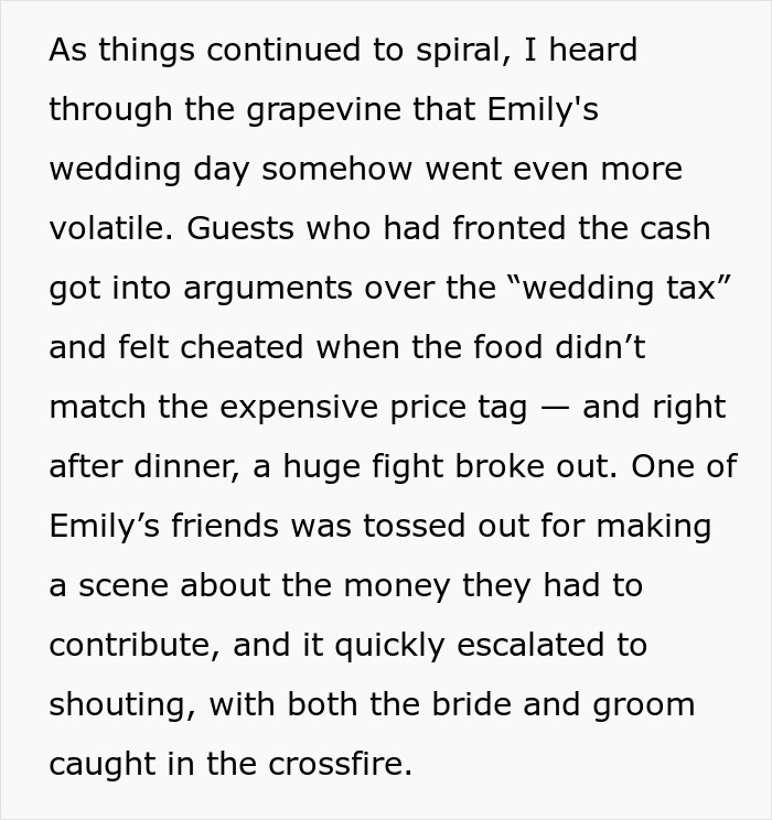Text describing chaotic wedding with arguments over a "wedding tax" leading to fights and refund demands.