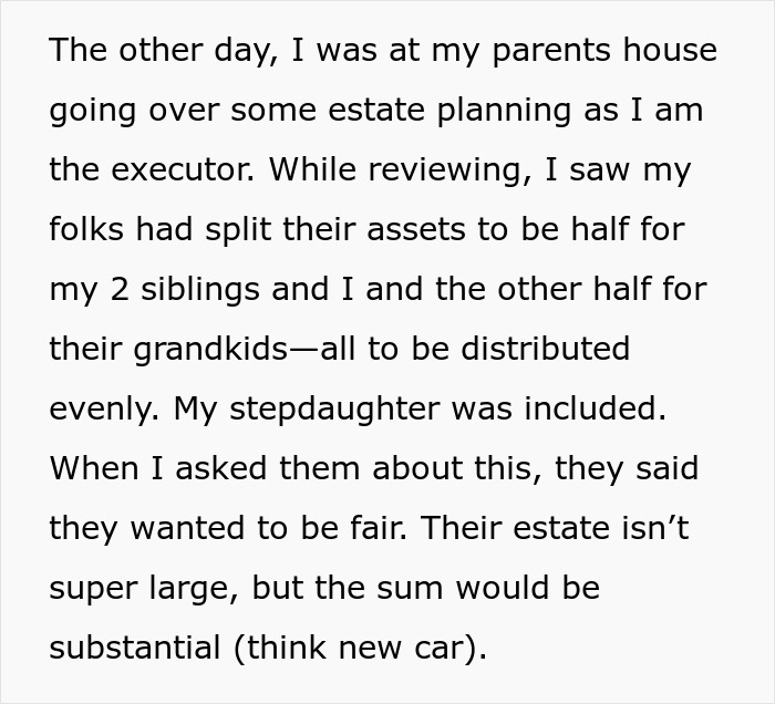 Text discussing estate planning and a stepdaughter's inclusion in a will. Text discussing estate planning and a stepdaughter's inclusion in a will.