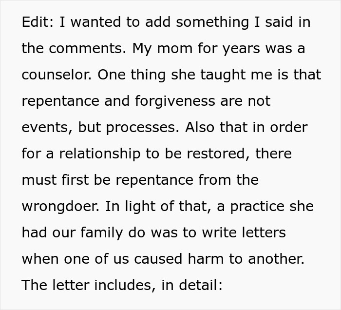 Text discussing family counselor's advice on repentance and forgiveness processes.