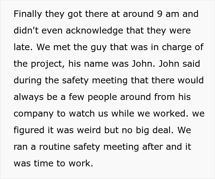 Text excerpt about a work scenario, involving a safety meeting and discussing project oversight, relates to malicious compliance. Text excerpt about a work scenario, involving a safety meeting and discussing project oversight, relates to malicious compliance.