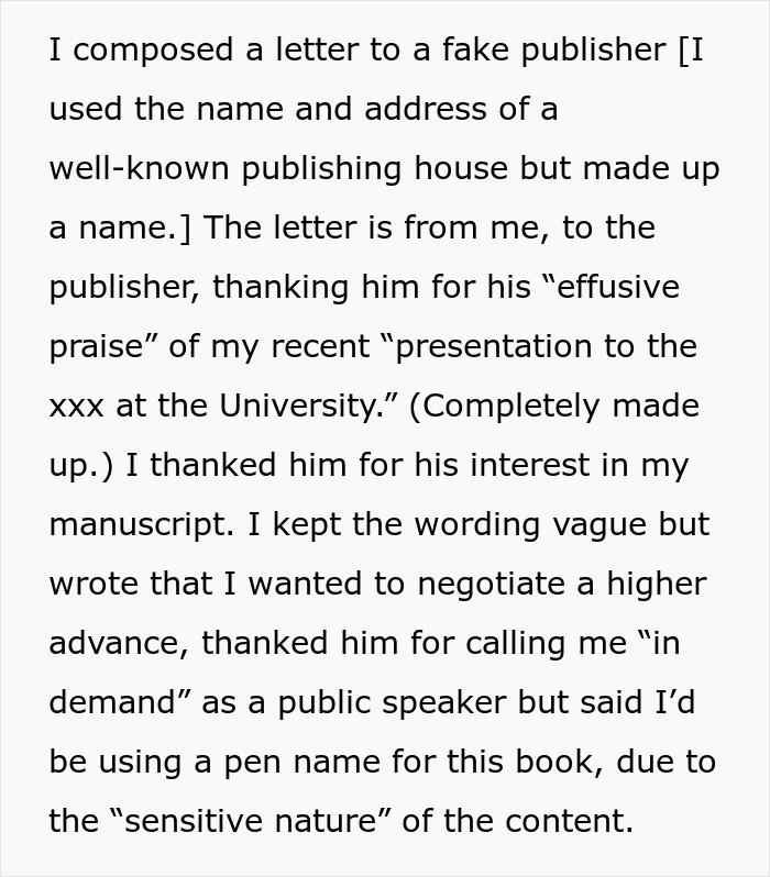 Text showing a woman's fake letter to set up a suspecting MIL, mentioning a publisher and manuscript.