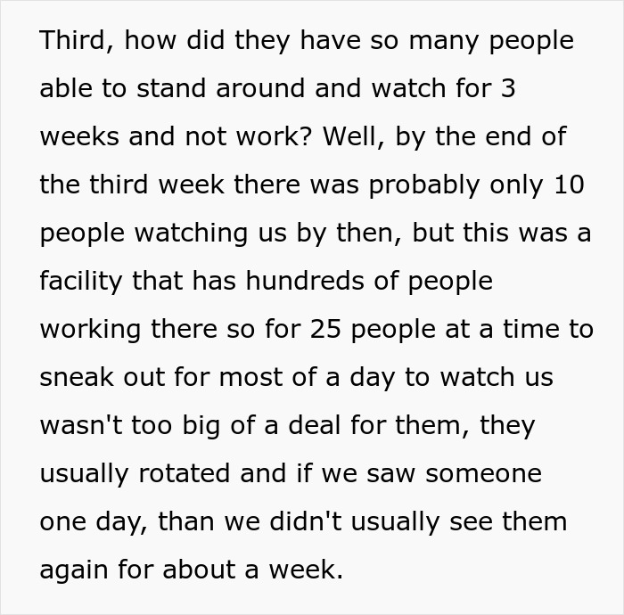 Text excerpt discussing people observing workers as part of malicious compliance scenario. Text excerpt discussing people observing workers as part of malicious compliance scenario.