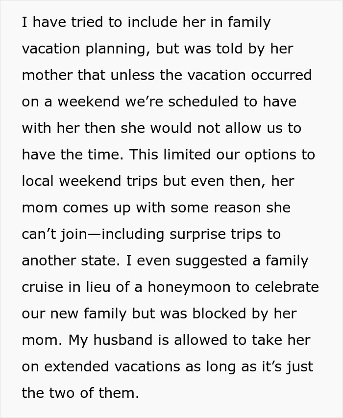 Text from a wife explaining challenges with her husband's daughter's vacation involvement. Text from a wife explaining challenges with her husband's daughter's vacation involvement.