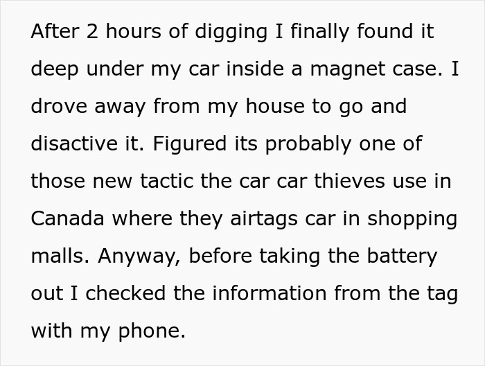 Text describing discovery of an Airtag under a car, related to an ex-father-in-law during a divorce. Text describing discovery of an Airtag under a car, related to an ex-father-in-law during a divorce.