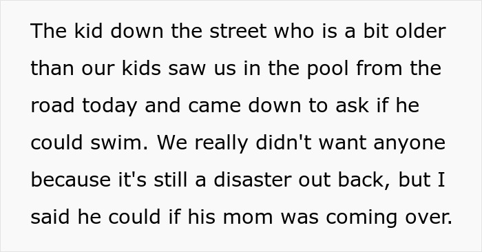 Text describing a neighborhood kid asking to join a pool swim with other kids. Text describing a neighborhood kid asking to join a pool swim with other kids.