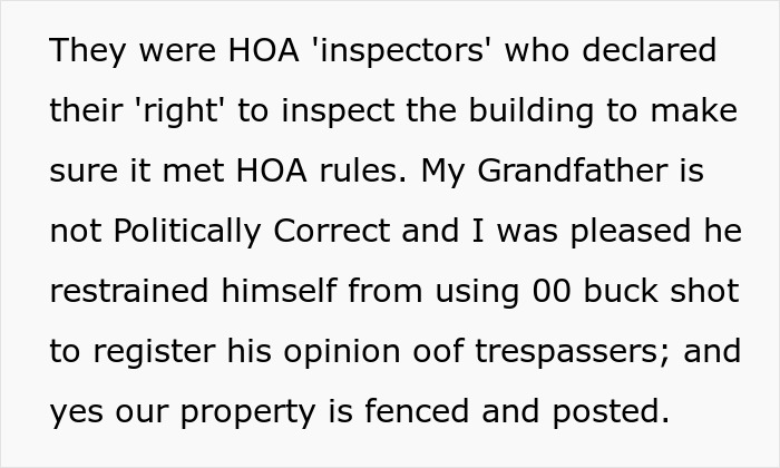 Text detailing a farmer's defiance against HOA inspectors trespassing on his fenced property.