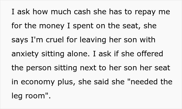 Text exchange about repaying money for a plane seat, highlighting a dramatic failed attempt to switch seats.