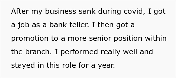 Text describing a career journey in finance, highlighting progression from bank teller to a senior position.