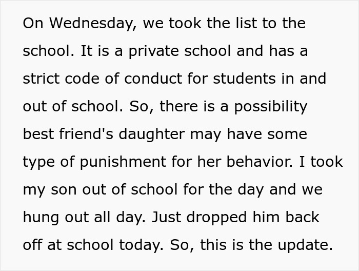 Private school update on dad supporting son; potential punishment for family friend's daughter.