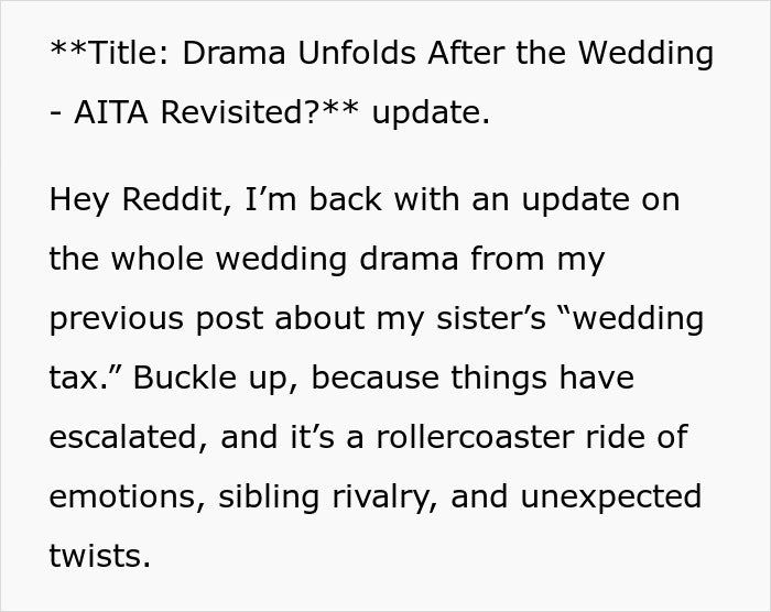 Text update about wedding drama involving a "wedding tax," leading to escalated emotions and sibling rivalry.