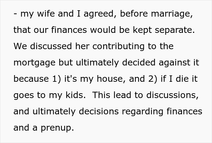 Text discussing separate finances, mortgage contributions, and prenup in a marriage.