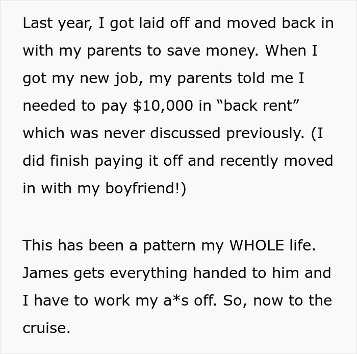 Text about a woman who cancels a family cruise, citing past financial issues and unfair family treatment. Text about a woman who cancels a family cruise, citing past financial issues and unfair family treatment.