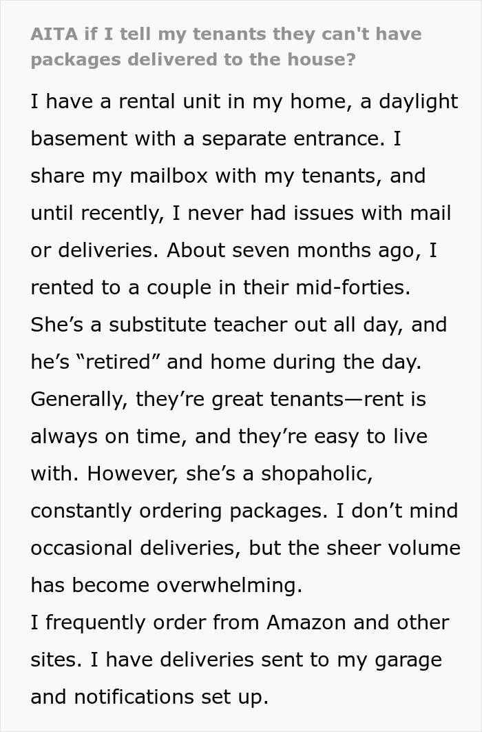 Text image of a landlady expressing frustration with shopaholic tenants' package deliveries.