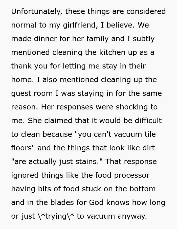 Text excerpt about boyfriend unsure how to tell girlfriend her home is messy, mentioning cleaning challenges. Text excerpt about boyfriend unsure how to tell girlfriend her home is messy, mentioning cleaning challenges.