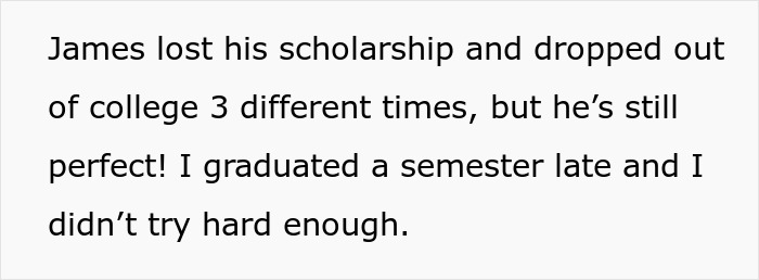 Text highlighting frustration over family expectations and double standards. Text highlighting frustration over family expectations and double standards.