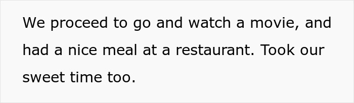 Text image discussing a movie and restaurant meal experience.