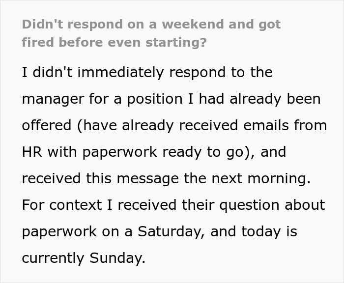Text message showing someone got fired for not responding on a weekend before starting a new job.