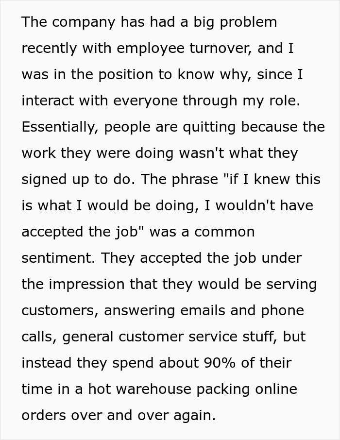 Text discussing employee turnover and job dissatisfaction in a warehouse setting. Text discussing employee turnover and job dissatisfaction in a warehouse setting.