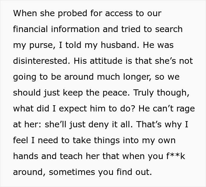 Text screenshot of a woman suspecting her mother-in-law of snooping, planning to take action.