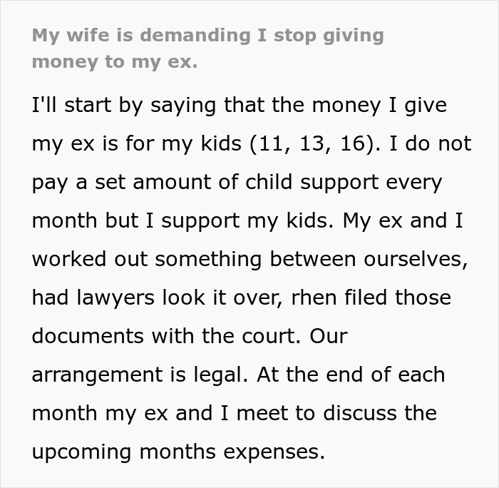 Text on a legal child support arrangement and a wife's demand regarding husband's financial support to his kids.