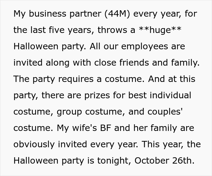 Text detailing a costume-required Halloween party hosted annually by a business partner.