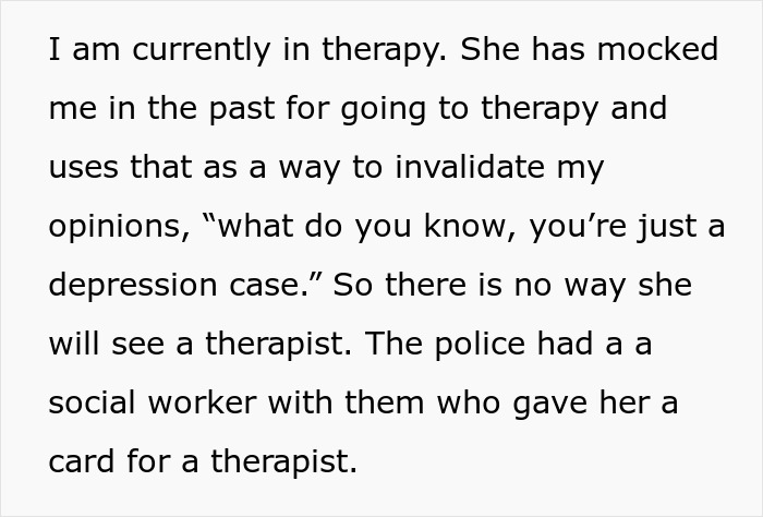 Text on a therapy experience involving police and social worker intervention.