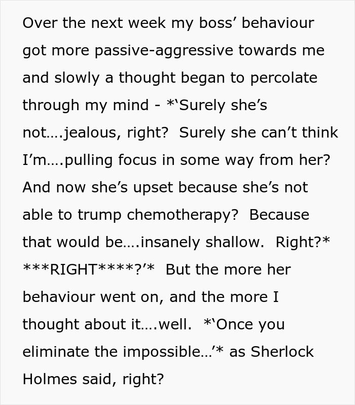 Text discussing passive-aggressive behavior and chemotherapy misunderstanding between boss and employee. Text discussing passive-aggressive behavior and chemotherapy misunderstanding between boss and employee.