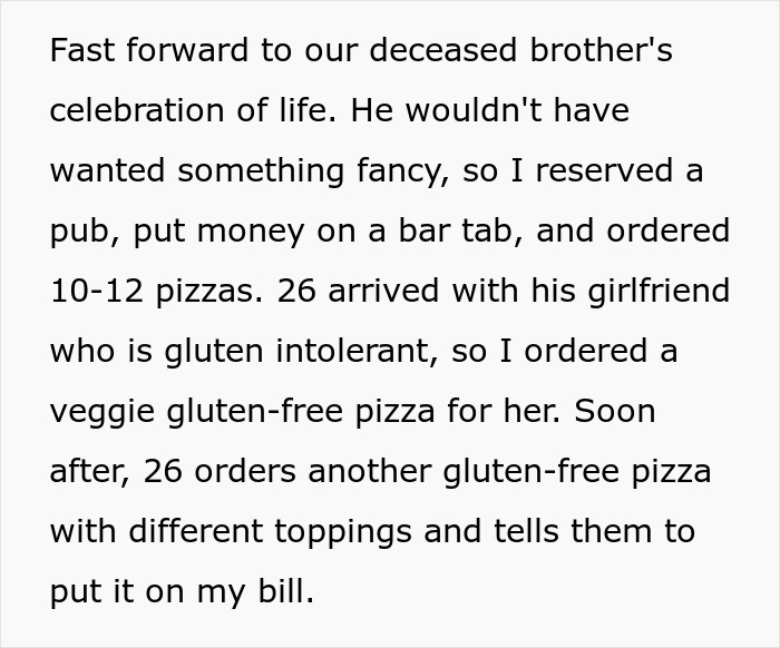 Text about a brother adding extra fees to a bill during a family gathering, causing tension. Text about a brother adding extra fees to a bill during a family gathering, causing tension.