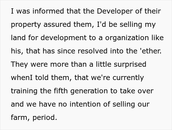 Text image of a farmer's response to a developer, asserting no intention to sell the farm.