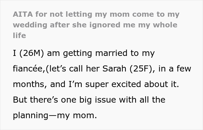 Guy Puts His Foot Down As Mom Asks To Be Center of His Wedding After She Neglected Him All His Life