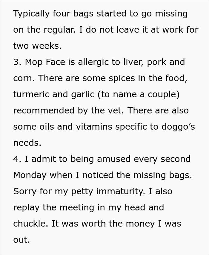Woman Lets Lunch-Stealing Coworkers Eat Dog Food For 6 Months, Proudly Announces It During A Meeting Woman Lets Lunch-Stealing Coworkers Eat Dog Food For 6 Months, Proudly Announces It During A Meeting