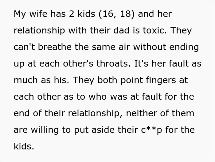 Text discussing a wife's toxic relationship with her ex-husband affecting their kids aged 16 and 18.