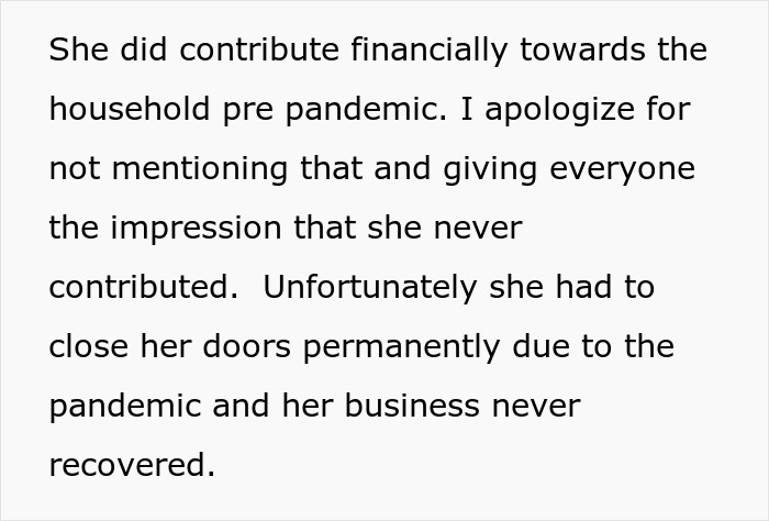 Text about wife's prior financial contribution and business closure due to the pandemic.