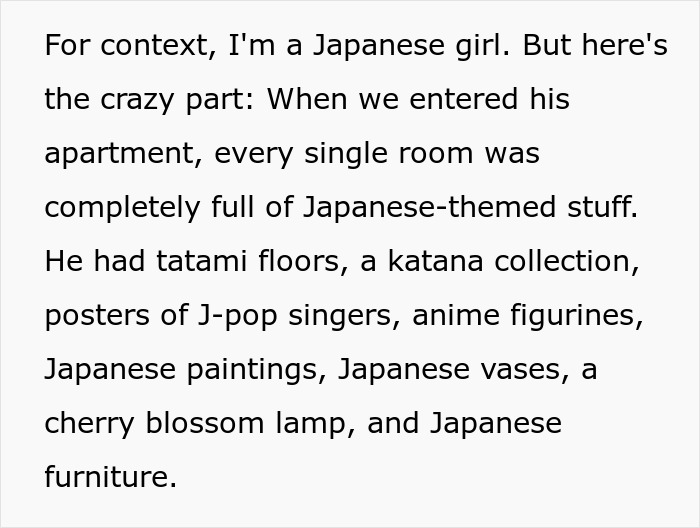Text from a woman's perspective about a date's house fully decorated with Japanese culture elements. Text from a woman's perspective about a date's house fully decorated with Japanese culture elements.