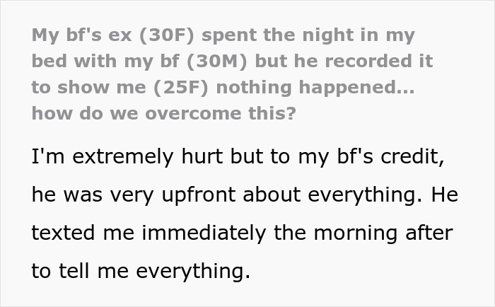 Text discussing bf and ex situation and feelings of hurt and honesty. Text discussing bf and ex situation and feelings of hurt and honesty.