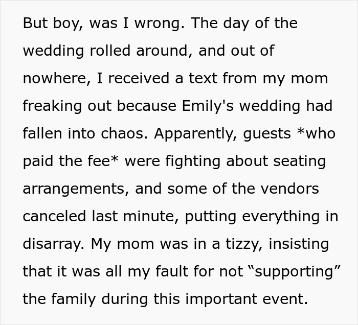 Text about wedding chaos with fighting, vendor cancellations, and blame.