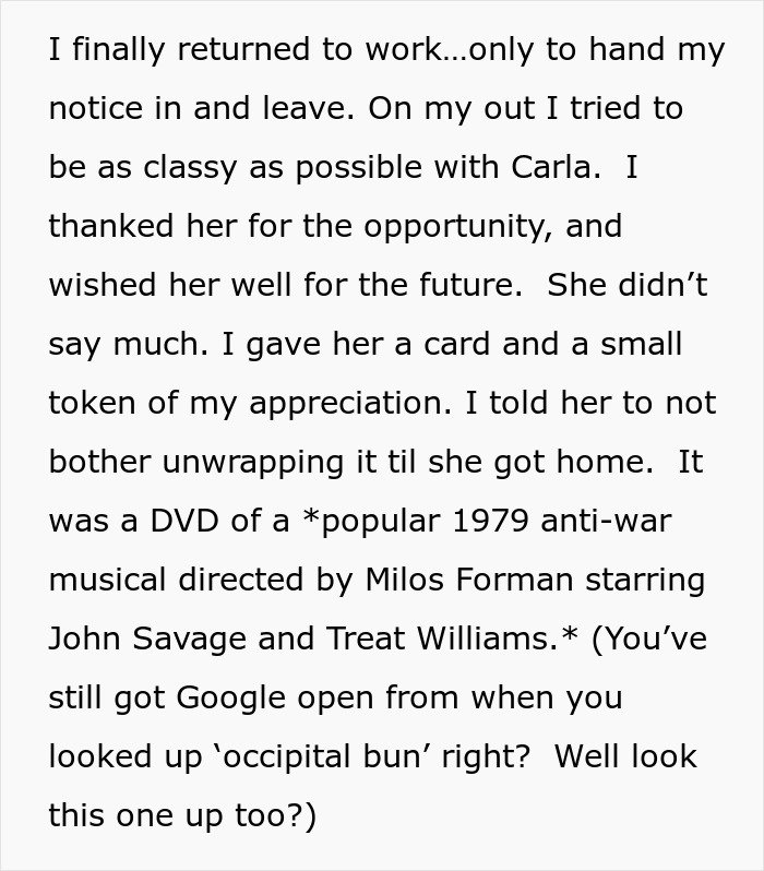 Text exchange about leaving a job, referencing an ironic gift of a 1979 anti-war musical DVD. Text exchange about leaving a job, referencing an ironic gift of a 1979 anti-war musical DVD.