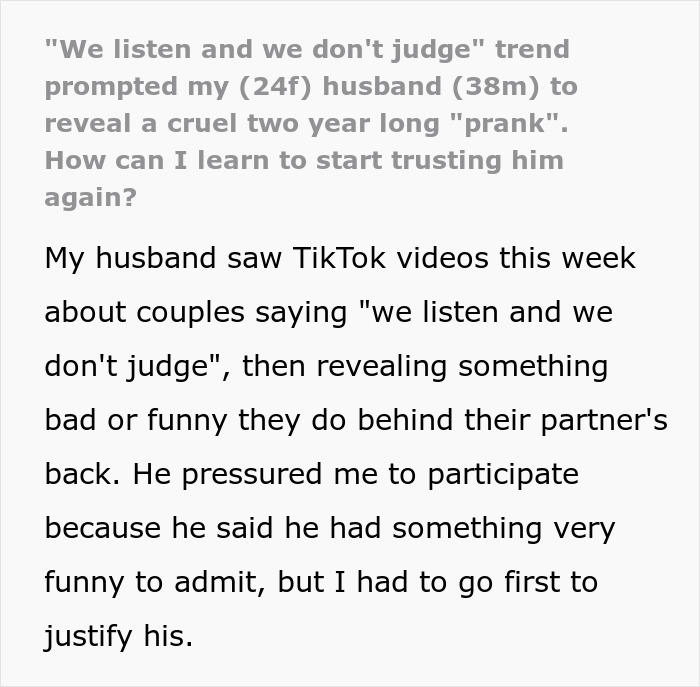 Text discussing TikTok trend "We Listen and We Don&rsquo;t Judge" and a wife's reaction to her husband's confession.
